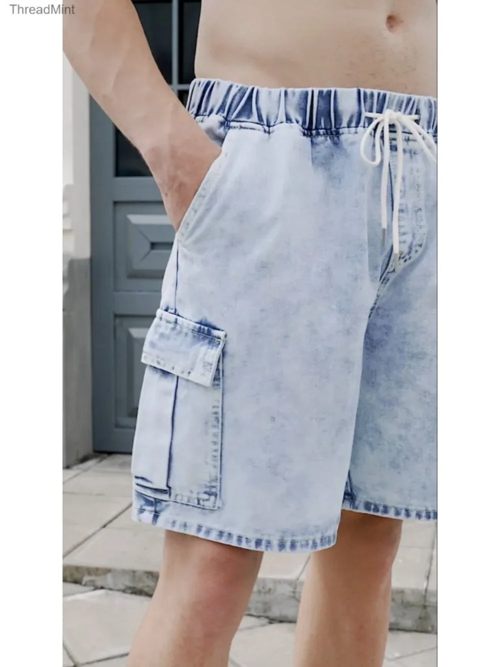 Men's Drawstring Cargo Jean Shorts with Flap Pockets, Loose Fit, Casual